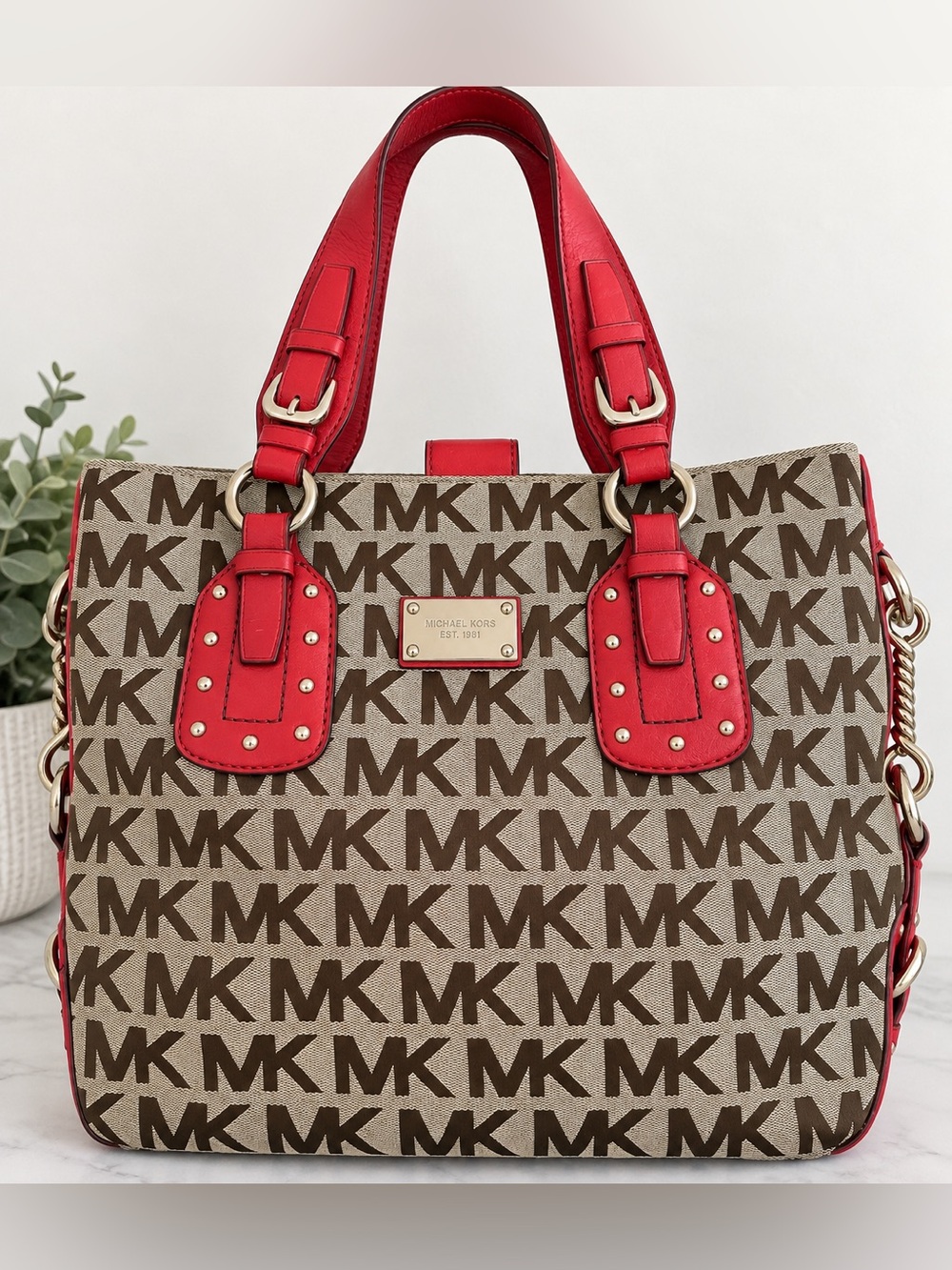 Michael Kors MK Signature Tote Bag/Handbag in Red Leather with Studded Handles